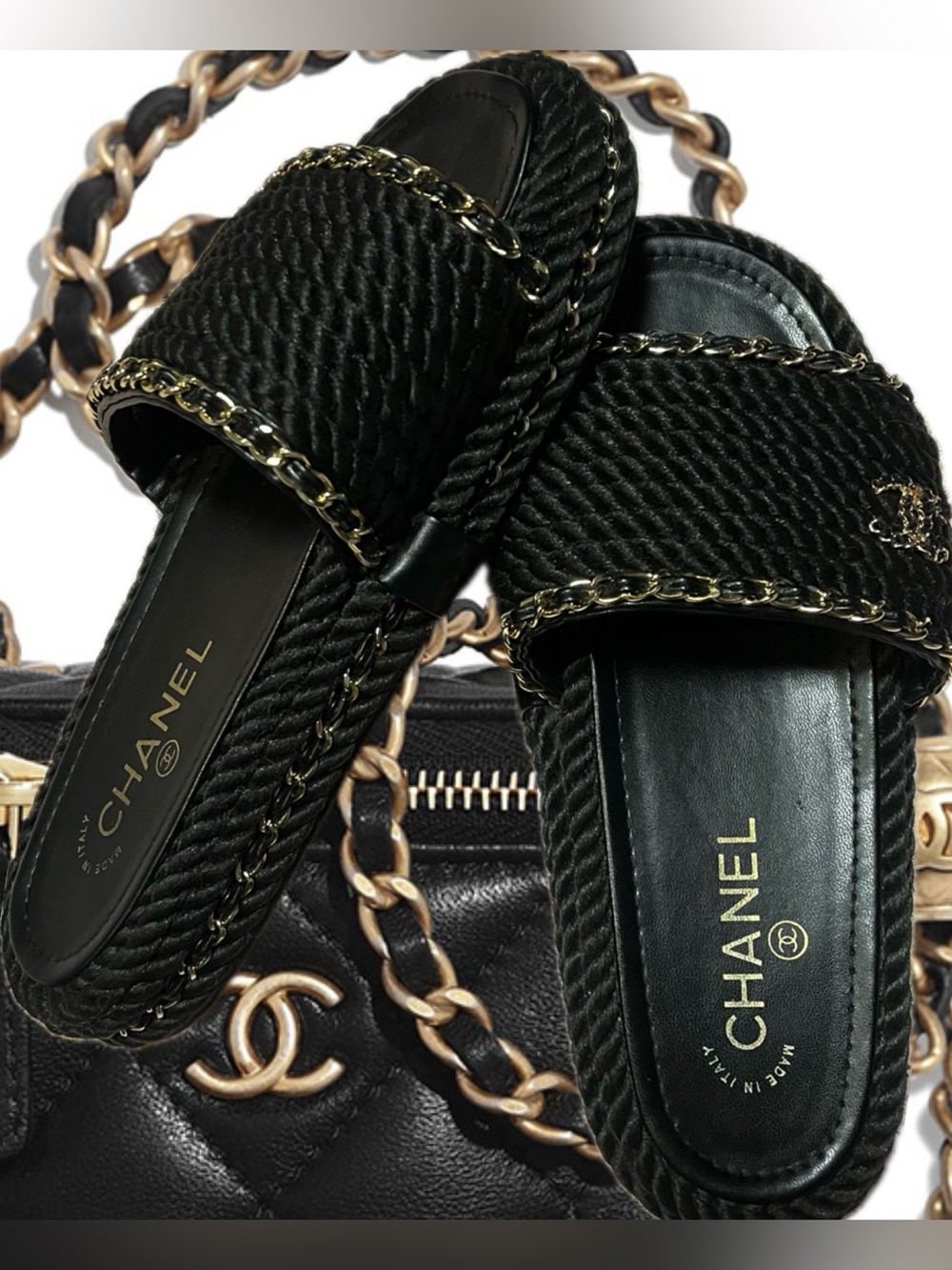 CHANEL Black Braided Rope Slide Sandals with Gold Chain Trim